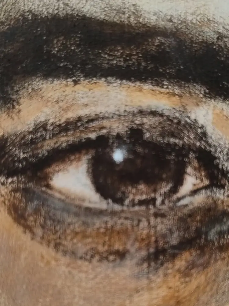 Primer plano del ojo derecho en el retrato al acrilico de Cerati.
