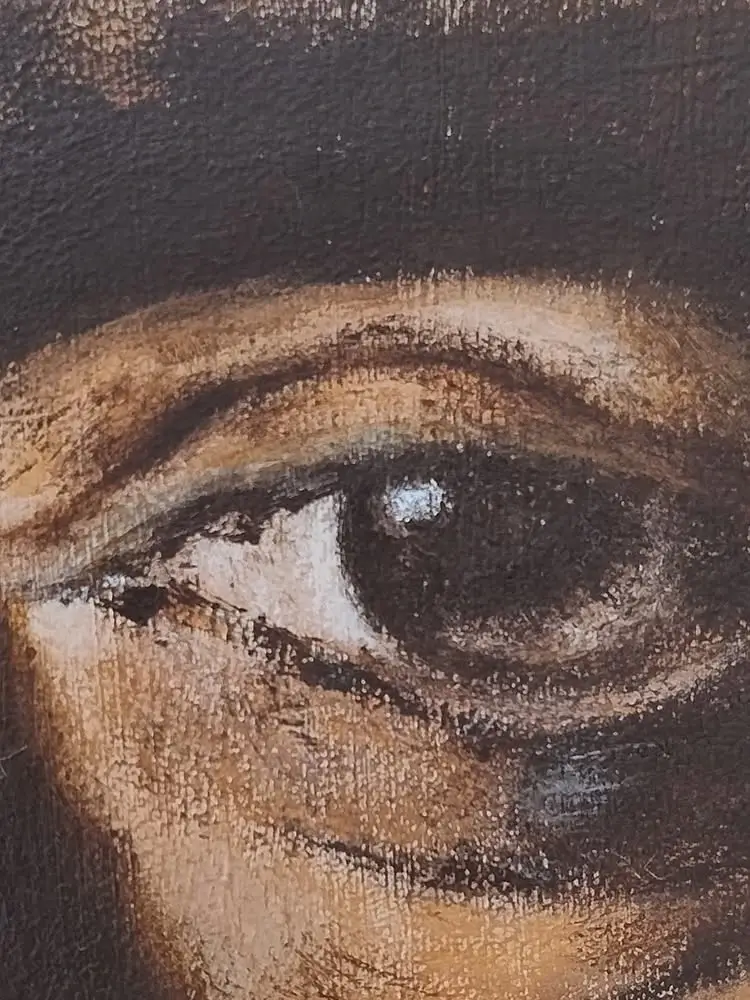 Primer plano del ojo izquierdo en el retrato al acrilico de Cerati.