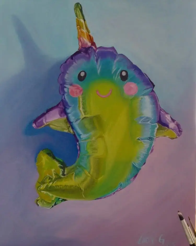 Pintura al óleo de un globo de narval metalizado.